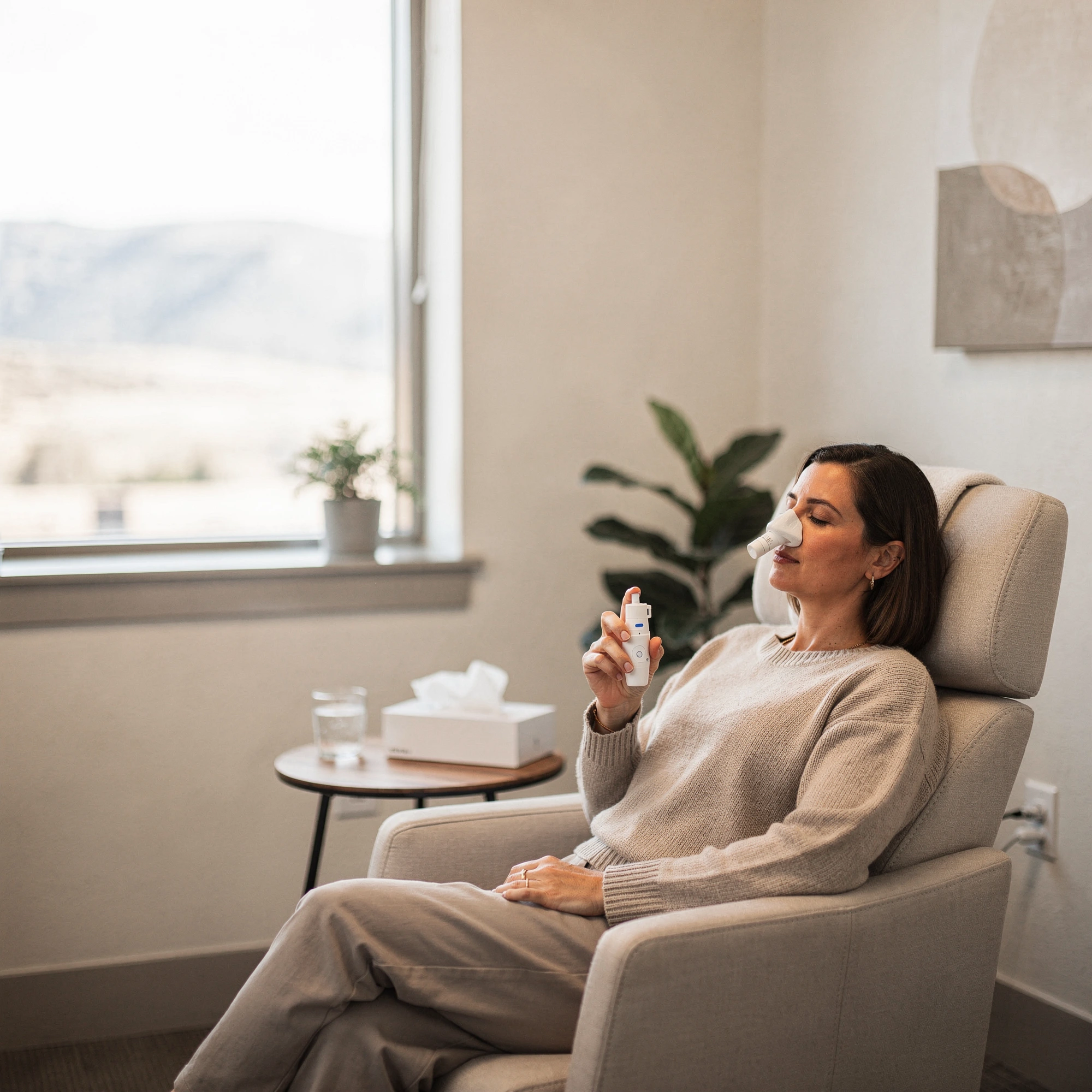 Patient receiving Spravato treatment in a comfortable clinic room with mountain views